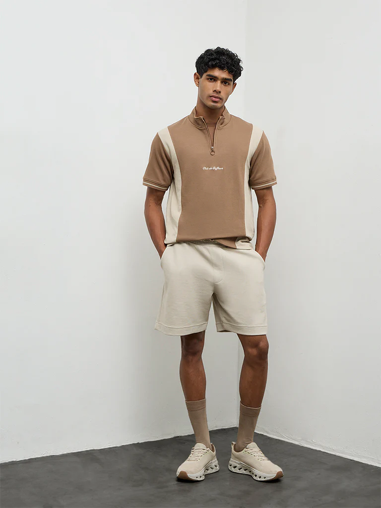 Nuoflexx Brown Color-Blocked Slim-Fit Quarter-Zip T-Shirt