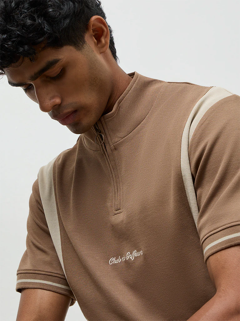 Nuoflexx Brown Color-Blocked Slim-Fit Quarter-Zip T-Shirt - Image 4