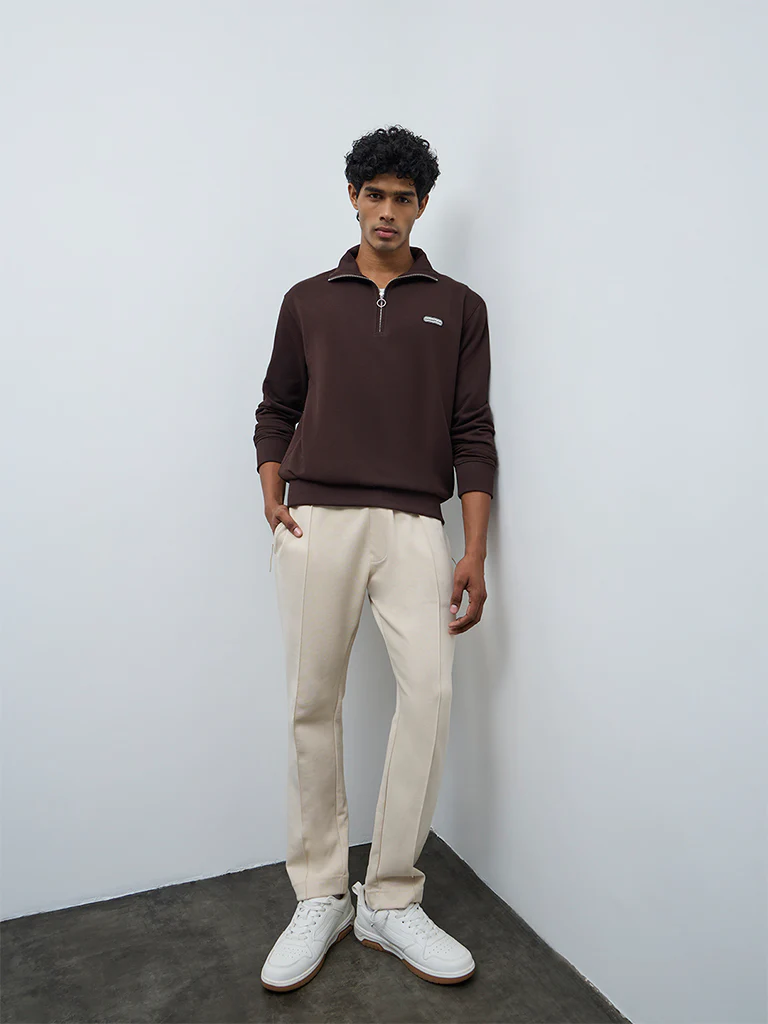 Nuoflexx Brown Patch-Detail Relaxed-Fit Cotton-Blend Quarter-Zip Sweatshirt
