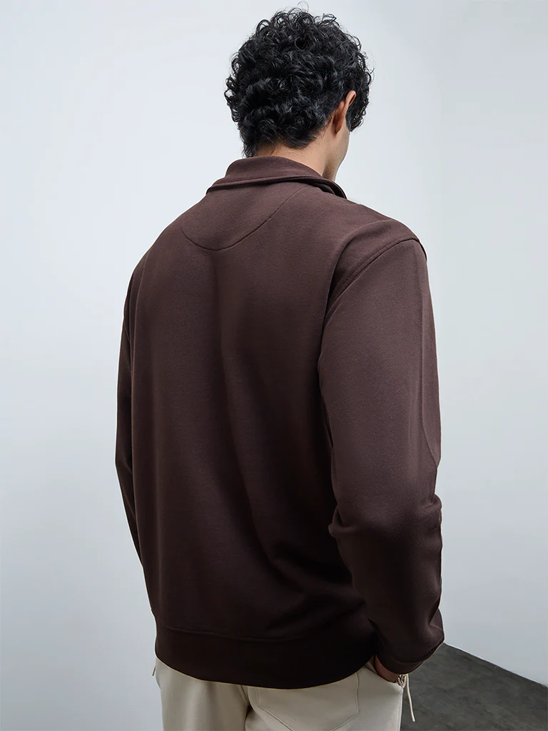 Nuoflexx Brown Patch-Detail Relaxed-Fit Cotton-Blend Quarter-Zip Sweatshirt - Image 4