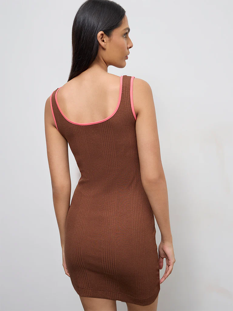 Nuoflexx Brown Ribbed Cotton-Blend Bodycon Dress - Image 4