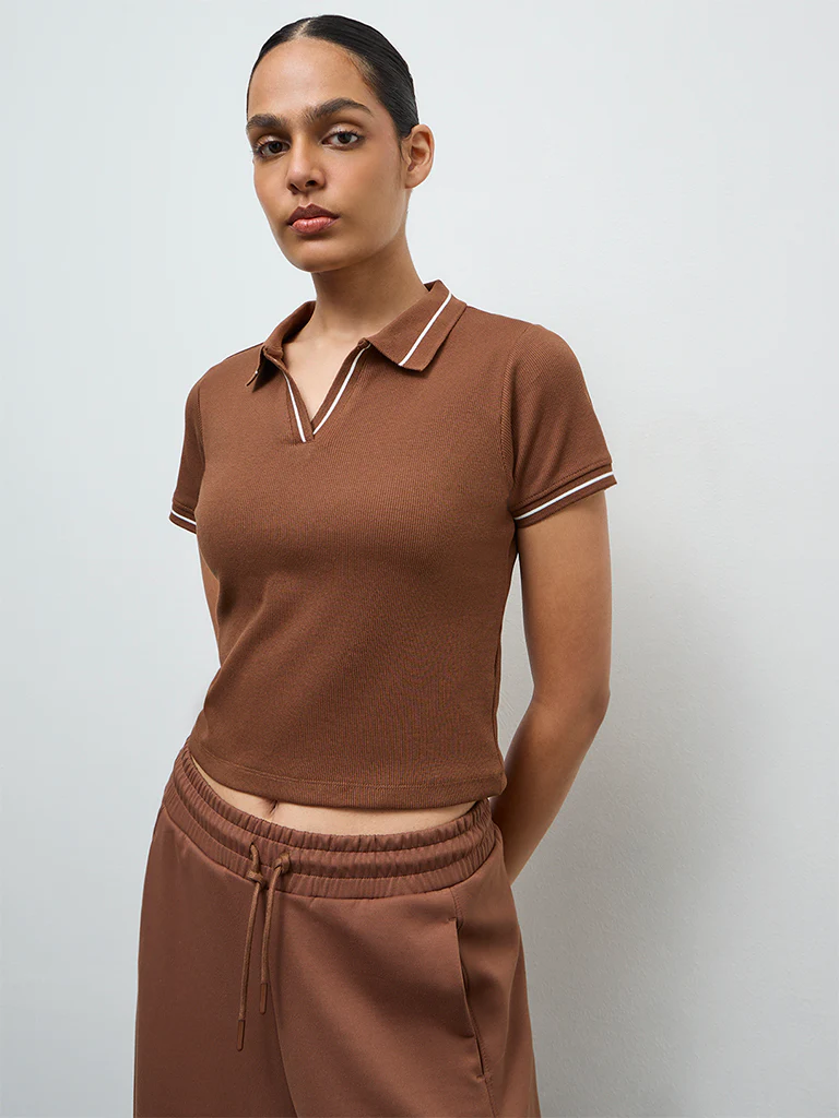 Nuoflexx Brown Striped Cotton-Blend T-Shirt