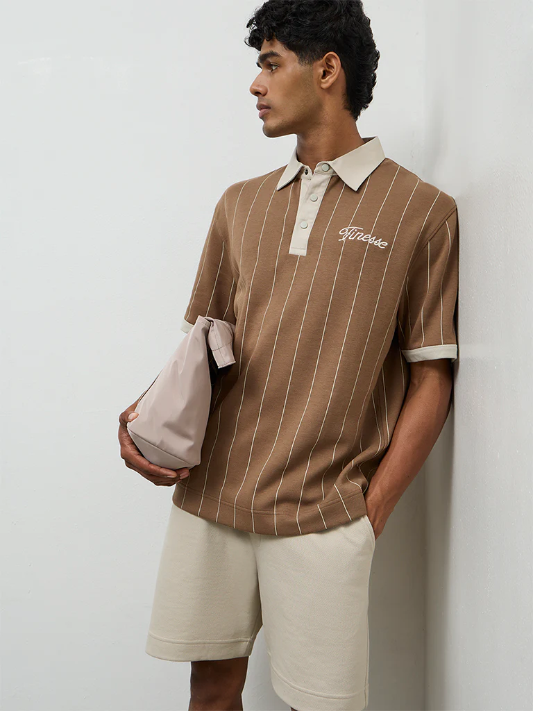 Nuoflexx Brown Striped Relaxed-Fit Cotton-Blend Polo T-Shirt