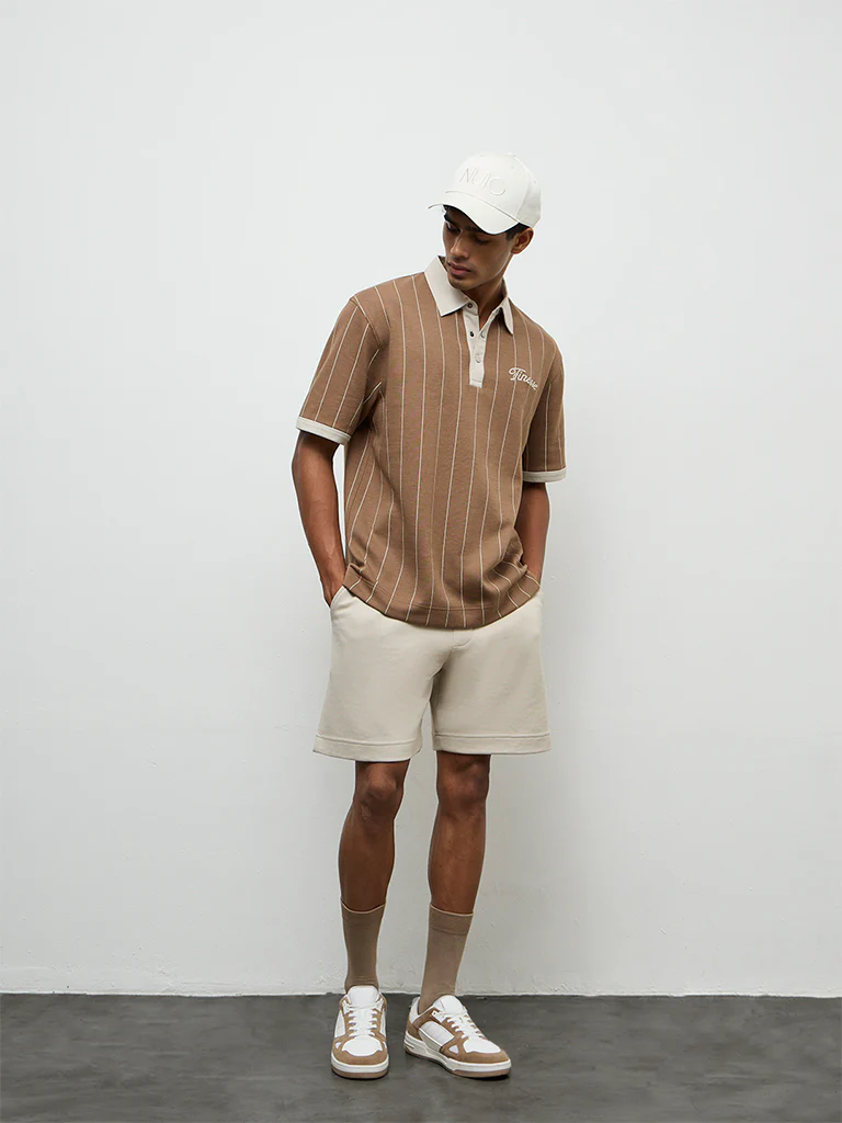 Nuoflexx Brown Striped Relaxed-Fit Cotton-Blend Polo T-Shirt - Image 2