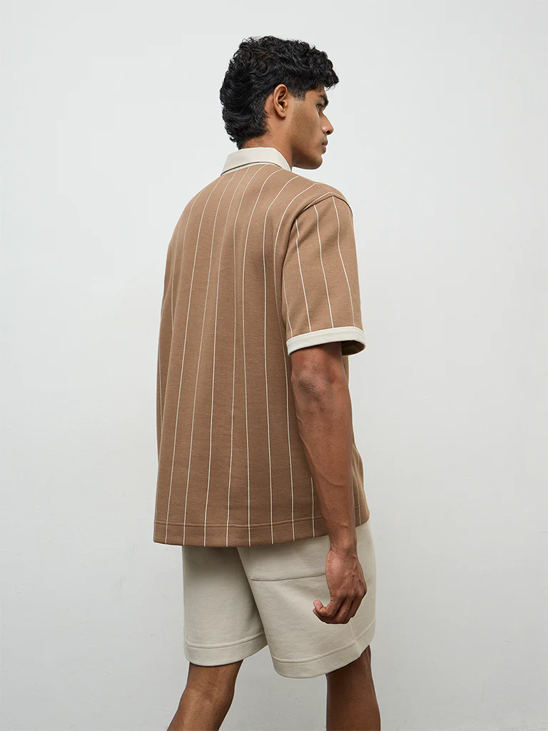 Nuoflexx Brown Striped Relaxed-Fit Cotton-Blend Polo T-Shirt - Image 4