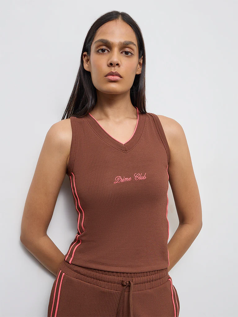 Nuoflexx Brown Text-Detail Ribbed Top - Image 2