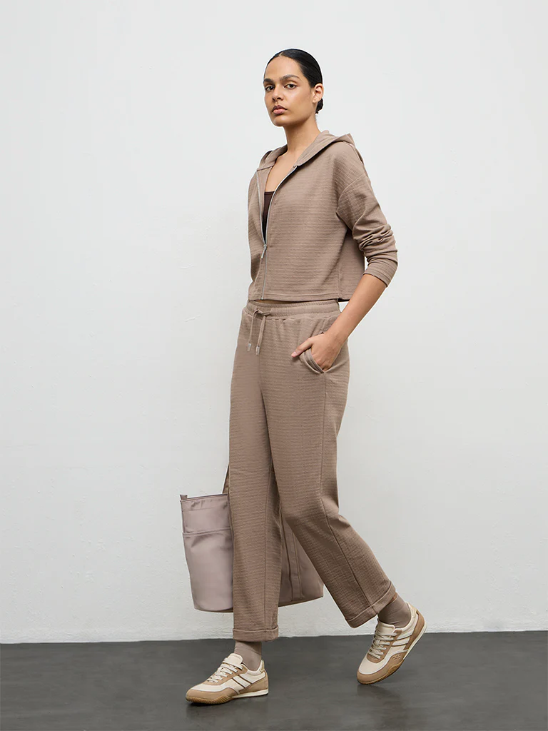 Nuoflexx Brown Textured High-Rise Cotton-Blend Track Pants
