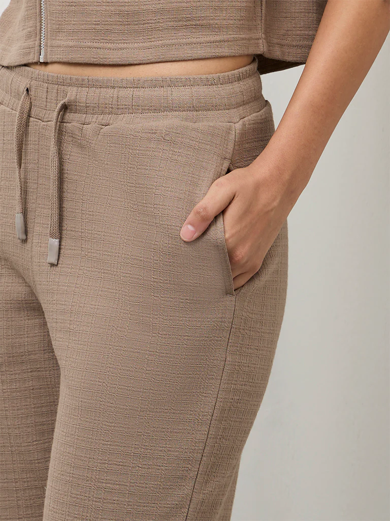Nuoflexx Brown Textured High-Rise Cotton-Blend Track Pants - Image 3