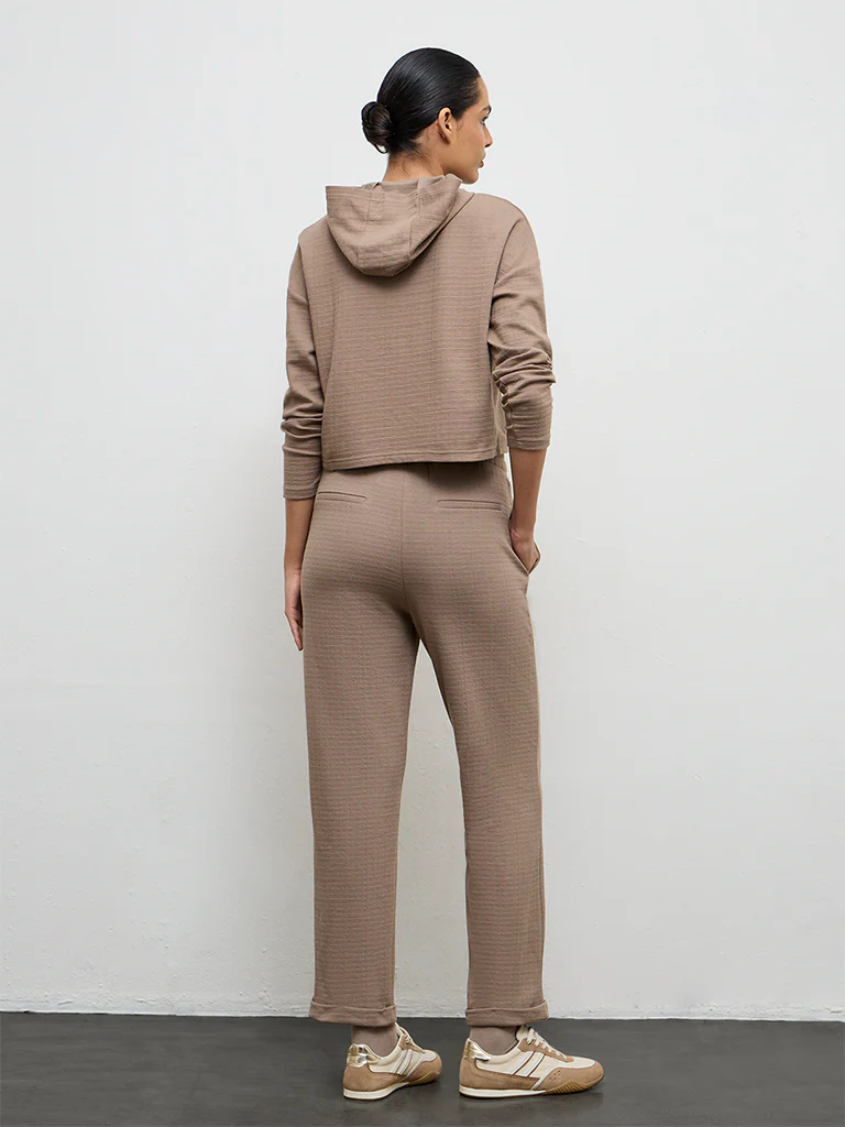 Nuoflexx Brown Textured High-Rise Cotton-Blend Track Pants - Image 4