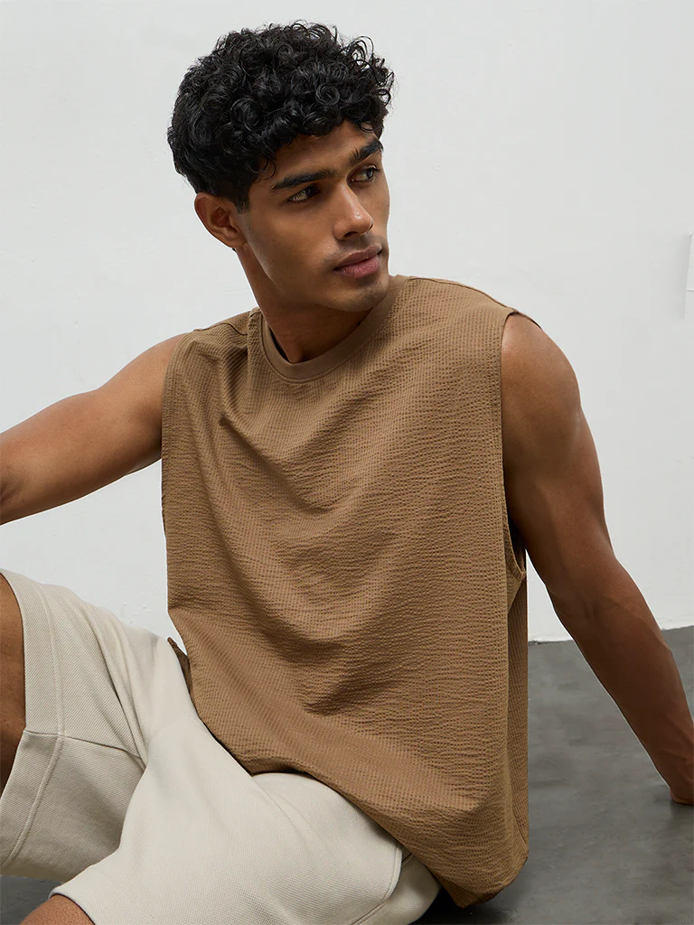 Nuoflexx Brown Textured Relaxed-Fit Cotton-Blend T-Shirt - Image 2