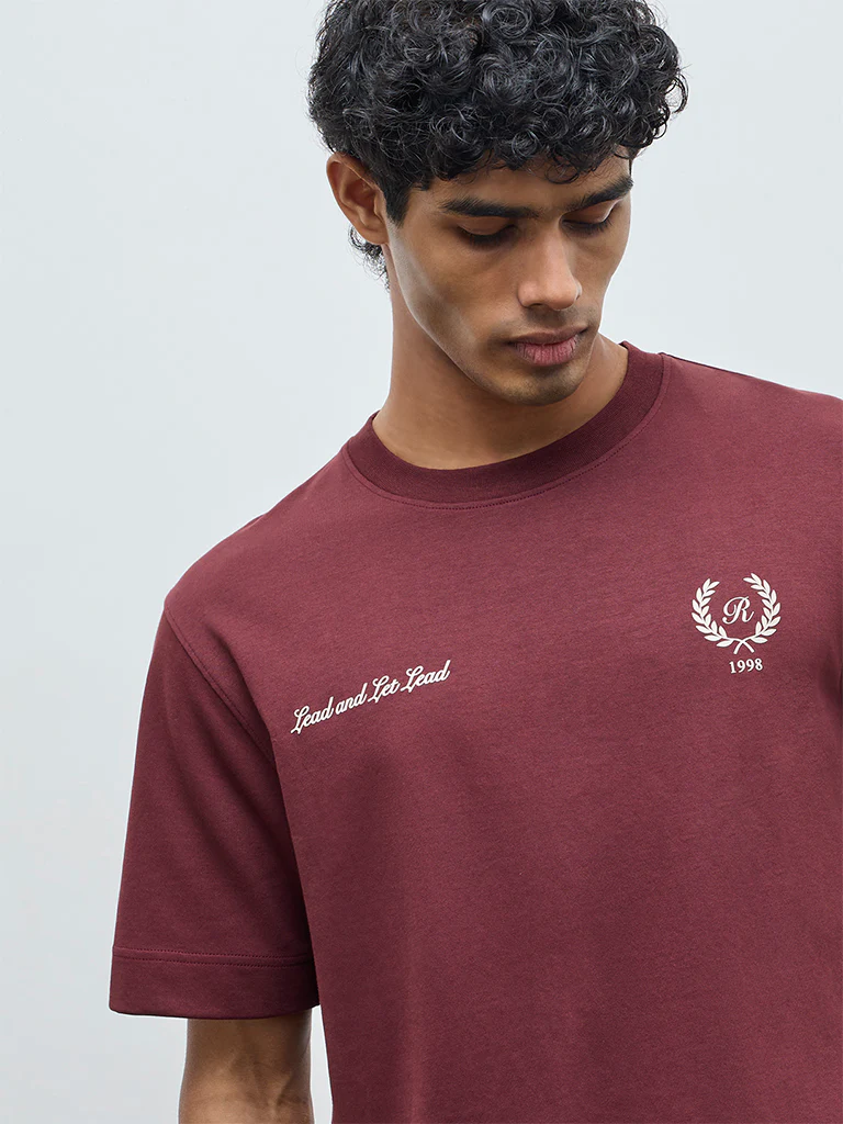 Nuoflexx Burgundy Printed Relaxed-Fit Cotton-Blend T-Shirt - Image 3