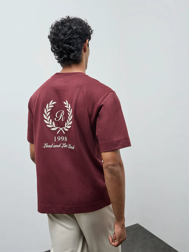 Nuoflexx Burgundy Printed Relaxed-Fit Cotton-Blend T-Shirt - Image 4