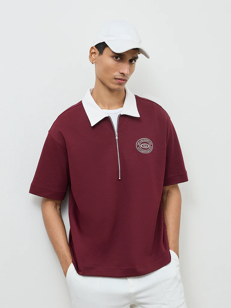 Nuoflexx Burgundy Relaxed-Fit Cotton-Blend Quarter-Zip T-Shirt - Image 2