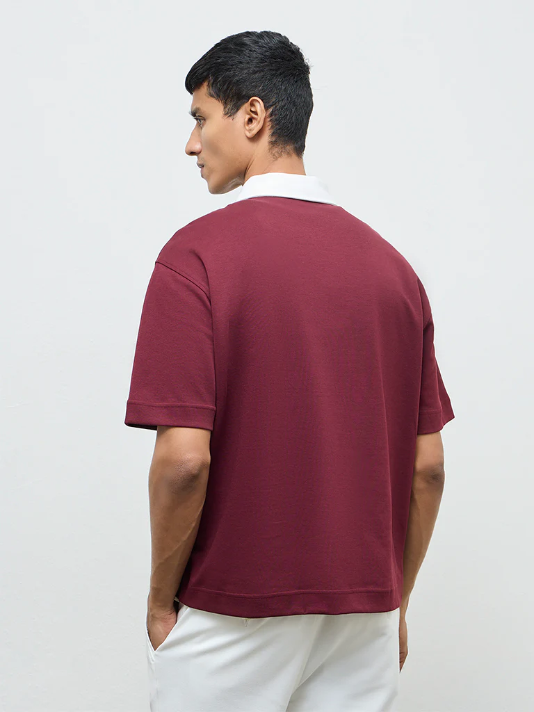 Nuoflexx Burgundy Relaxed-Fit Cotton-Blend Quarter-Zip T-Shirt - Image 4