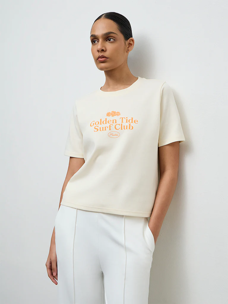 Nuoflexx Cream Printed Cotton-Blend T-Shirt