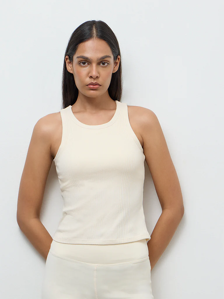 Nuoflexx Cream Ribbed Cotton-Blend Top