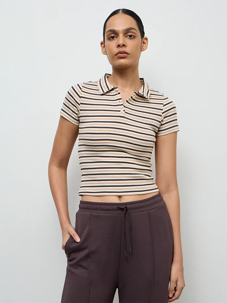Nuoflexx Cream Striped Cotton-Blend T-Shirt