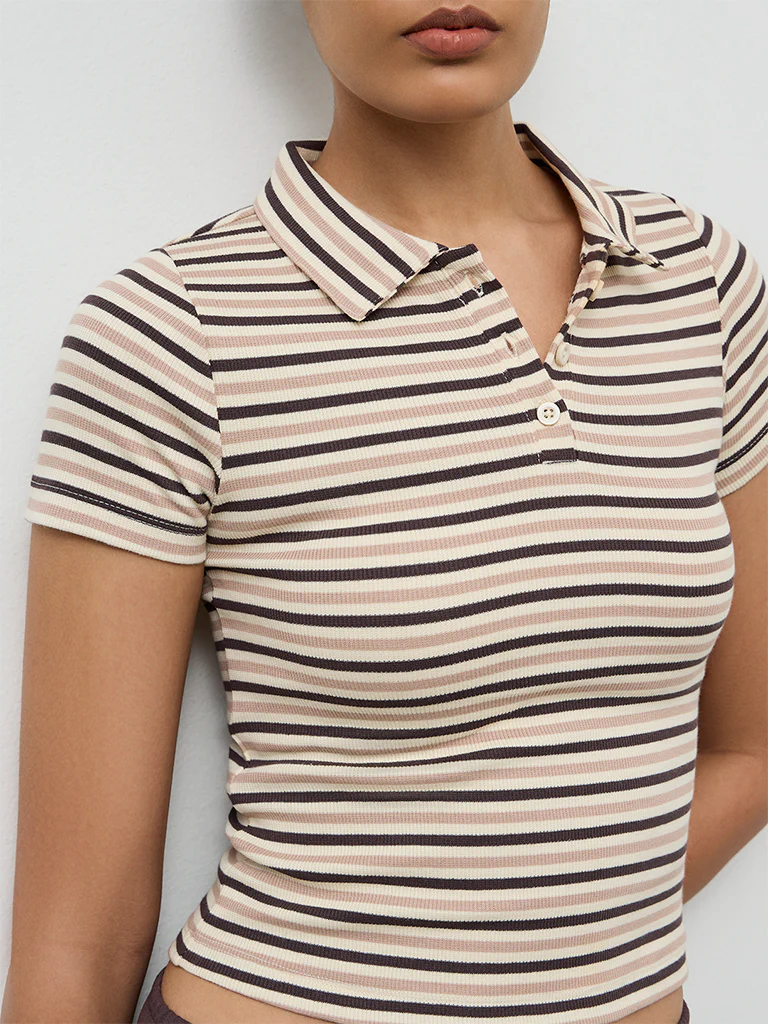 Nuoflexx Cream Striped Cotton-Blend T-Shirt - Image 3