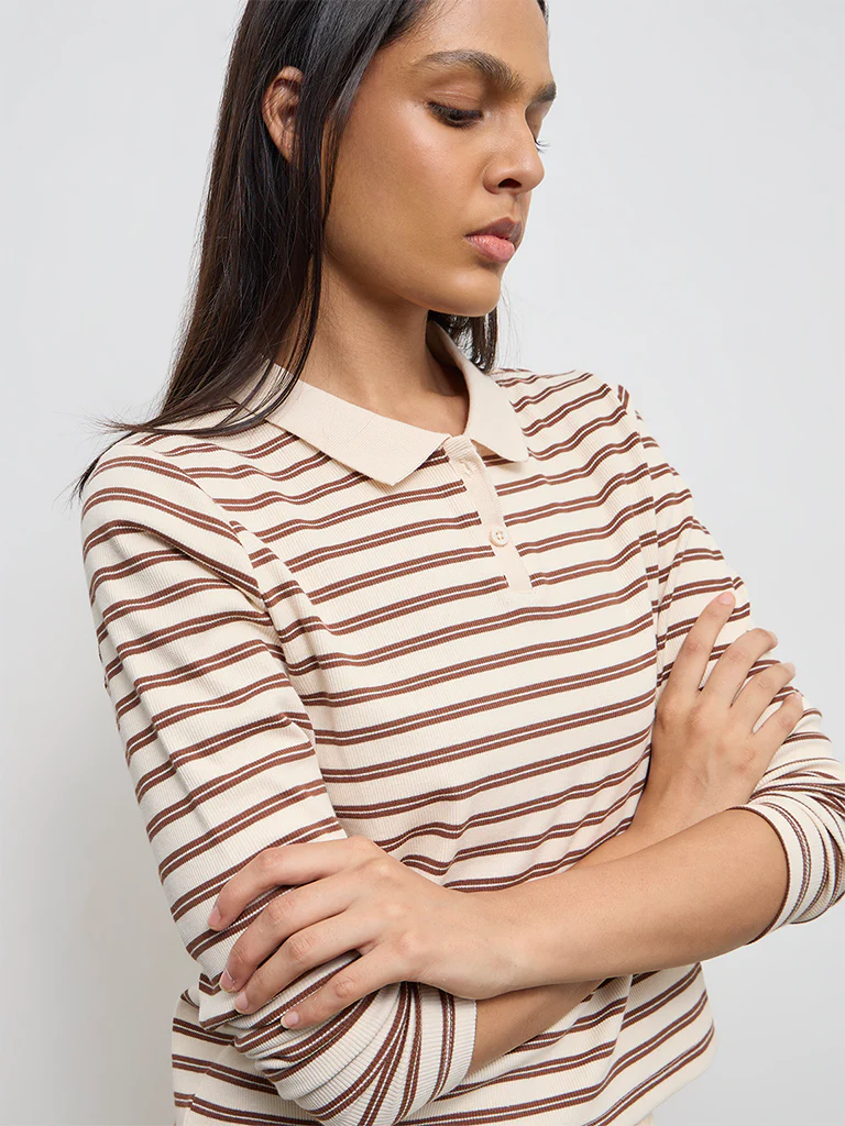 Nuoflexx Cream Striped Cotton-Blend T-Shirt