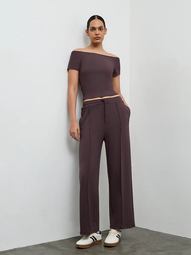 Nuoflexx Dark Brown Ribbed Off-Shoulder Top - Image 2
