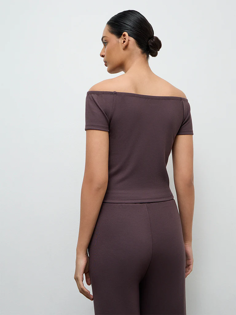 Nuoflexx Dark Brown Ribbed Off-Shoulder Top - Image 4
