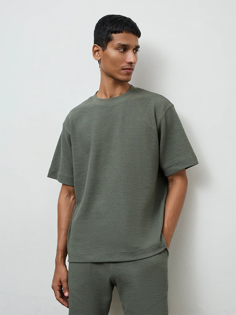 Nuoflexx Dark Sage Textured Relaxed-Fit Cotton-Blend T-Shirt