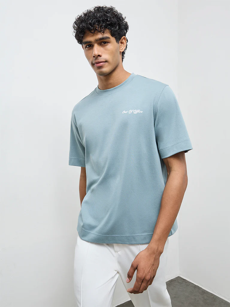 Nuoflexx Dusty Blue Typographic Relaxed-Fit Cotton-Blend T-Shirt