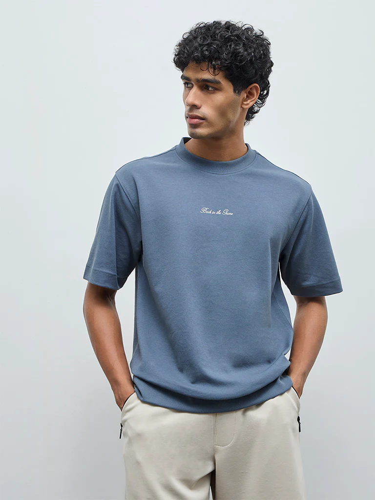 Nuoflexx Dusty Blue Typographic Relaxed-Fit Cotton-Blend T-Shirt