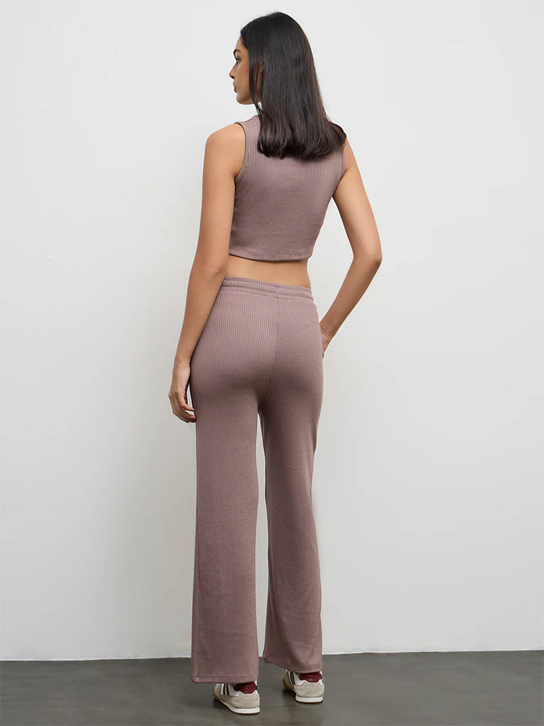 Nuoflexx Dusty Mauve Ribbed-Textured High-Rise Pants - Image 4