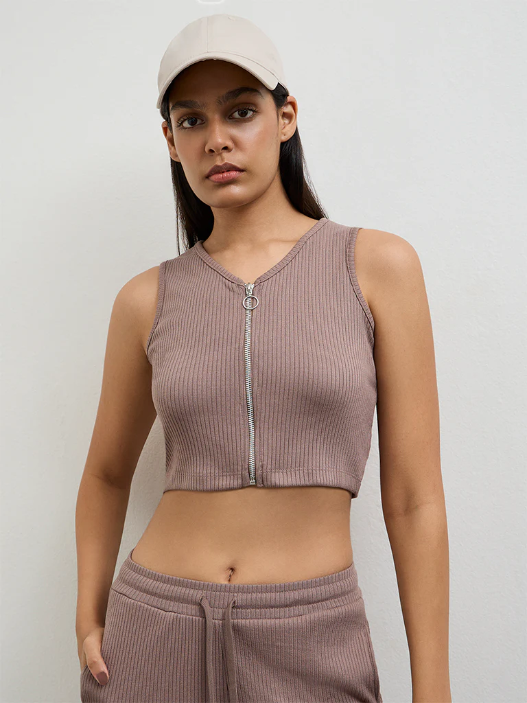 Nuoflexx Dusty Mauve Ribbed Zip-Front Top - Image 2