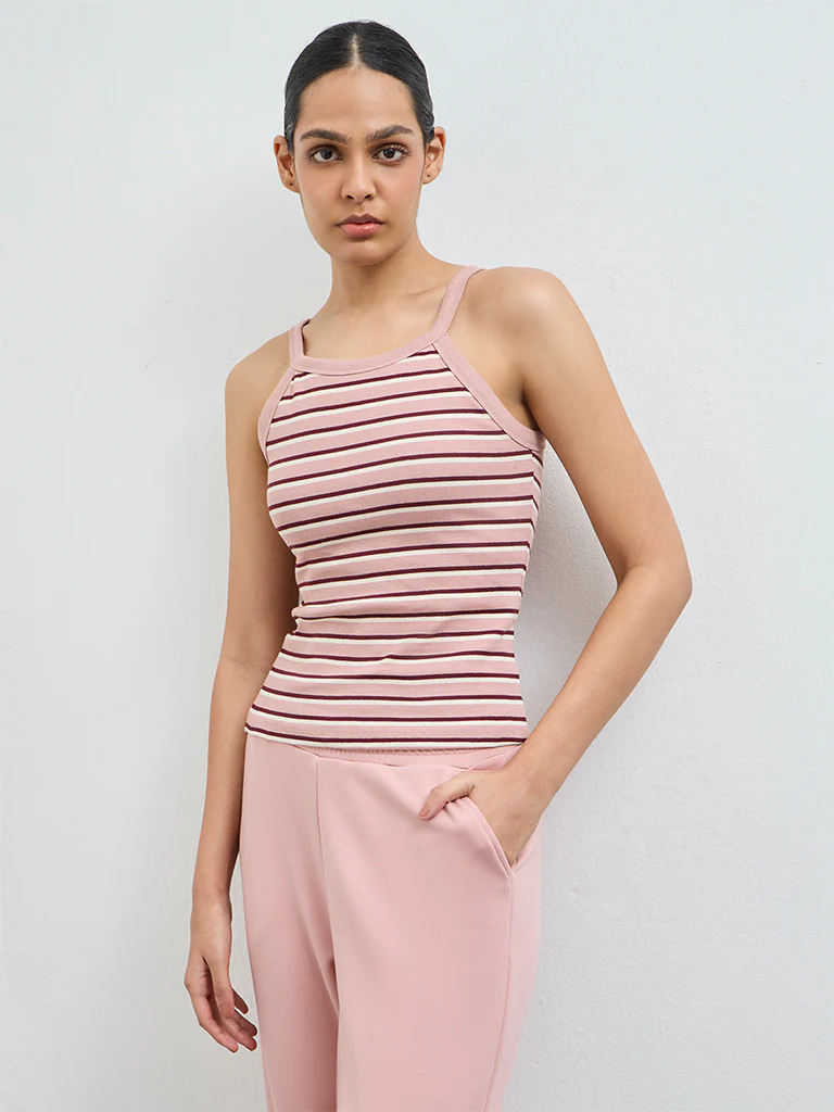 Nuoflexx Dusty Pink Striped Cotton-Blend Tank Top