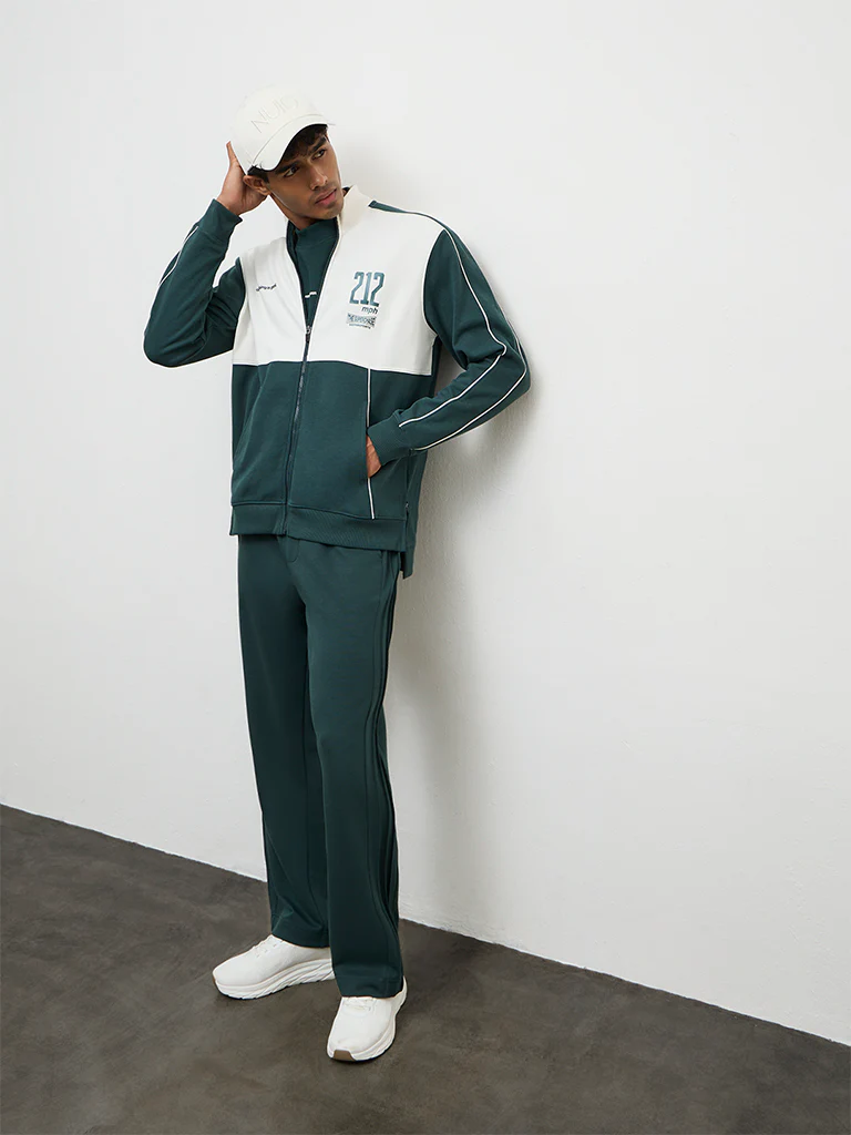 Nuoflexx Green Colour-Blocked Relaxed Fit Cotton-Blend Jacket - Image 3