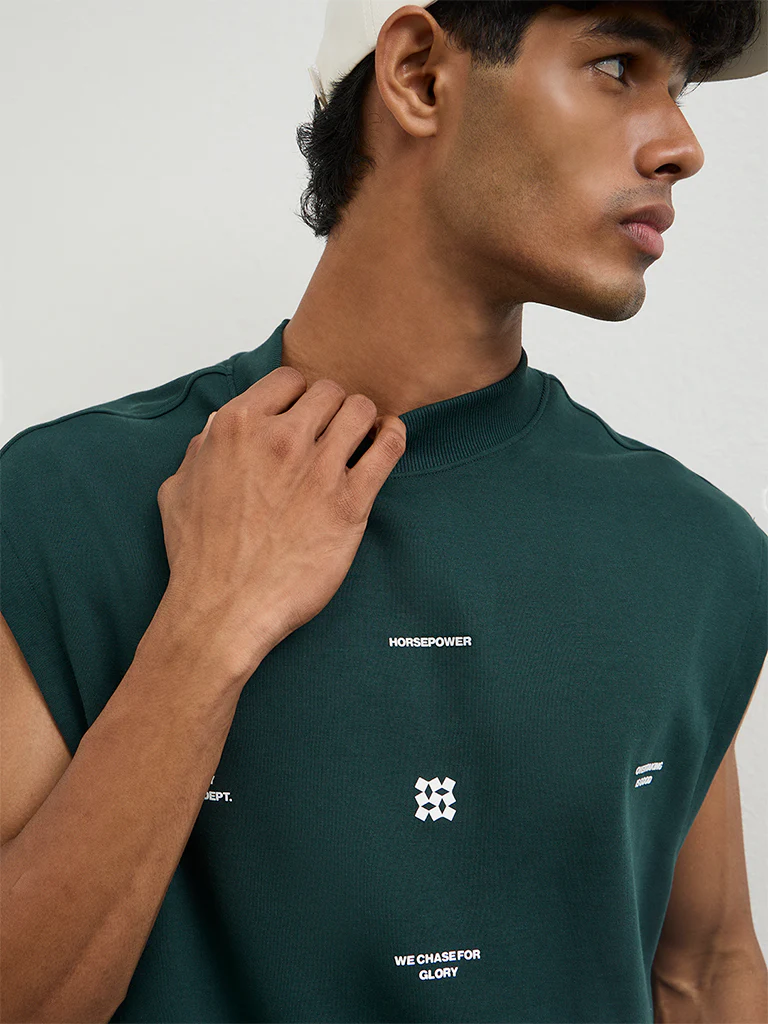 Nuoflexx Green Text-Embossed Relaxed Fit Cotton-Blend T-Shirt - Image 3