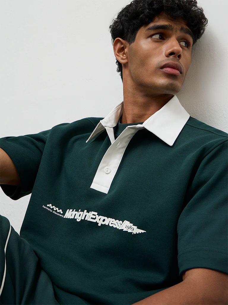 Nuoflexx Green Text Printed Relaxed Fit Cotton-Blend Polo T-Shirt - Image 3