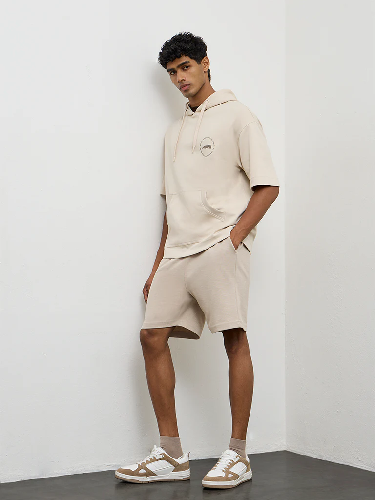 Nuoflexx Light Beige Printed Relaxed-Fit Cotton-Blend Hoodie - Image 3