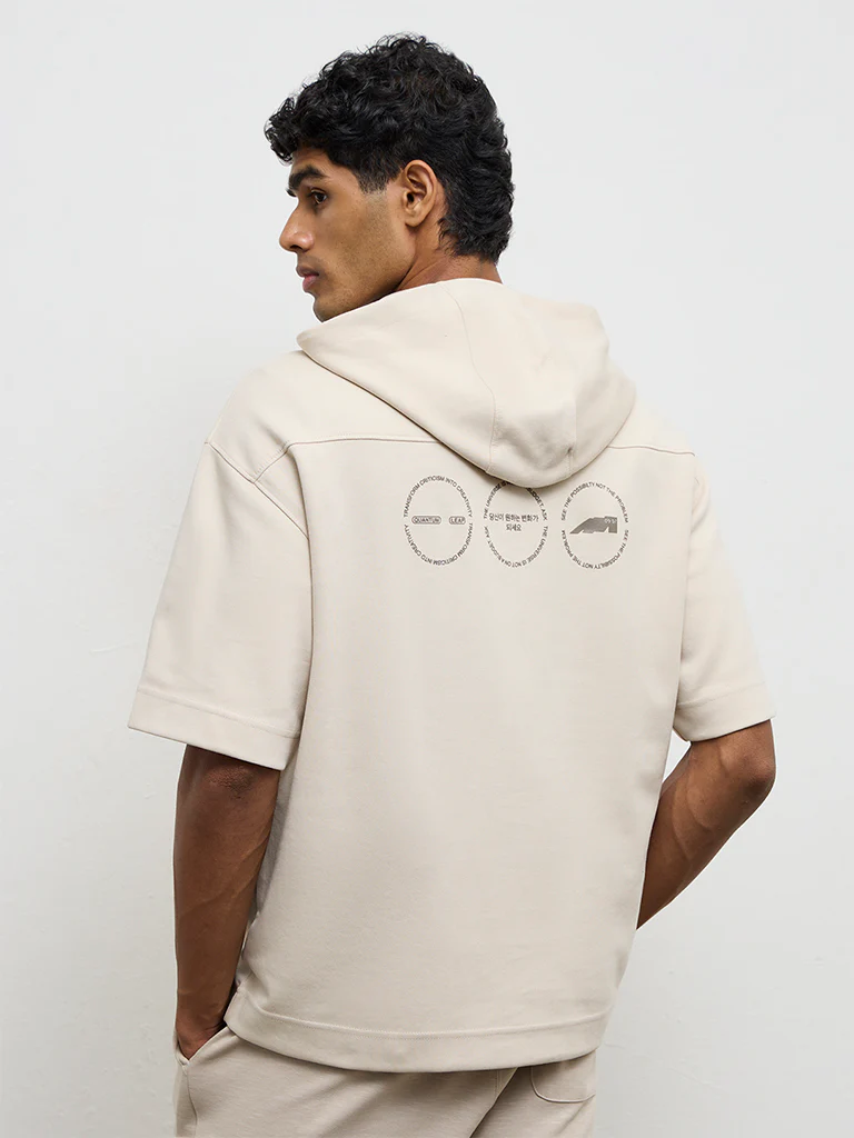Nuoflexx Light Beige Printed Relaxed-Fit Cotton-Blend Hoodie - Image 5