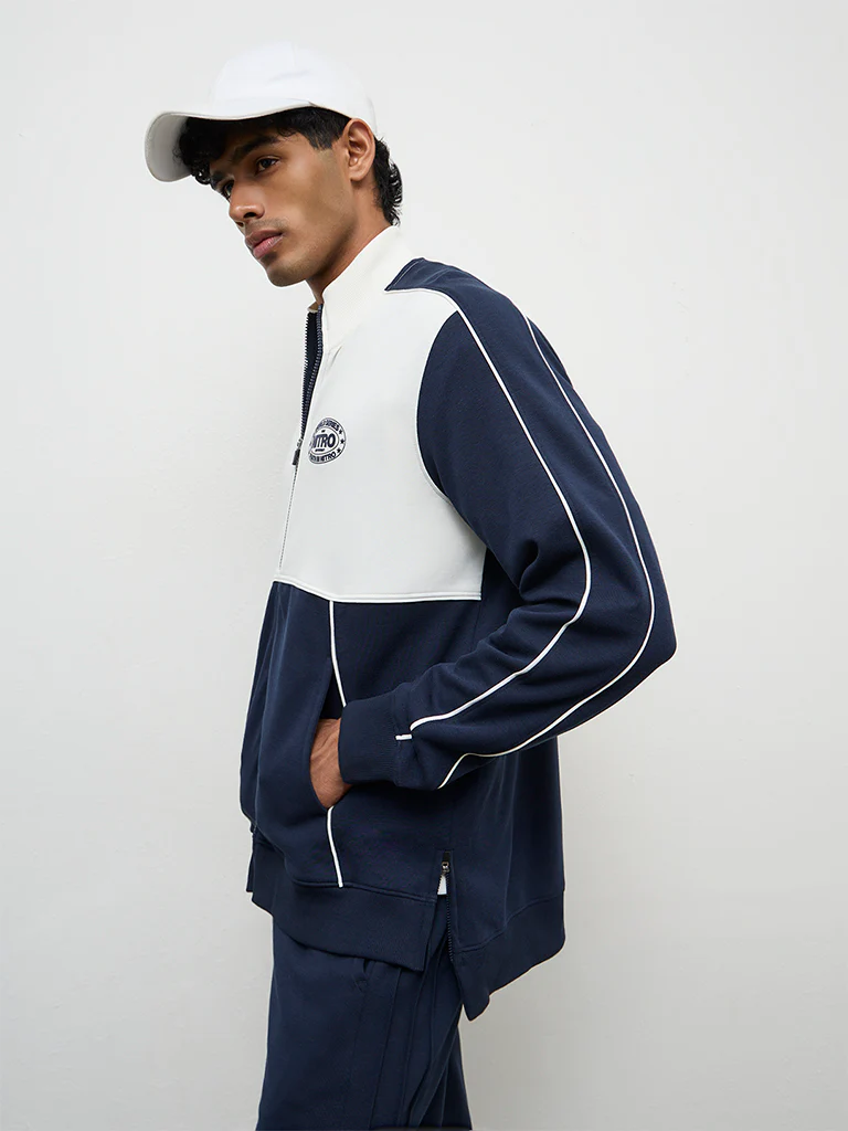 Nuoflexx Navy Colour-Blocked Relaxed Fit Cotton-Blend Jacket