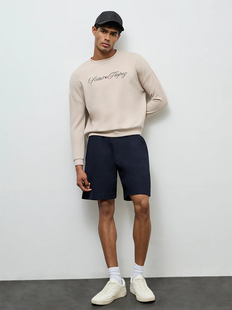 Nuoflexx Navy Relaxed-Fit Mid-Rise Cotton-Blend Shorts