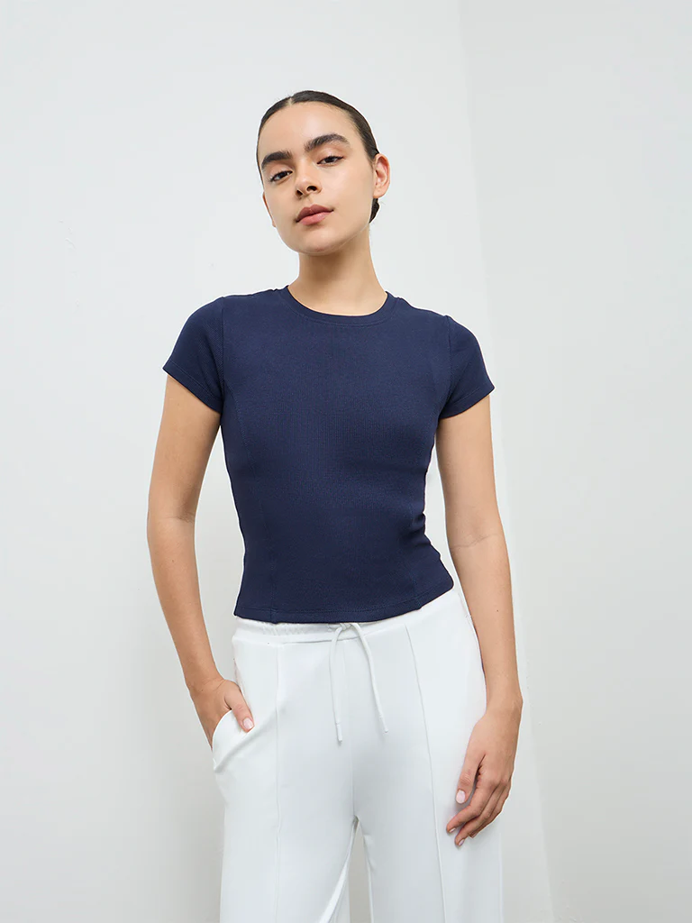 Nuoflexx Navy Ribbed-Textured Cotton-Blend T-Shirt