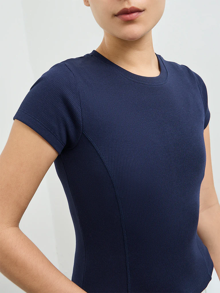Nuoflexx Navy Ribbed-Textured Cotton-Blend T-Shirt - Image 3