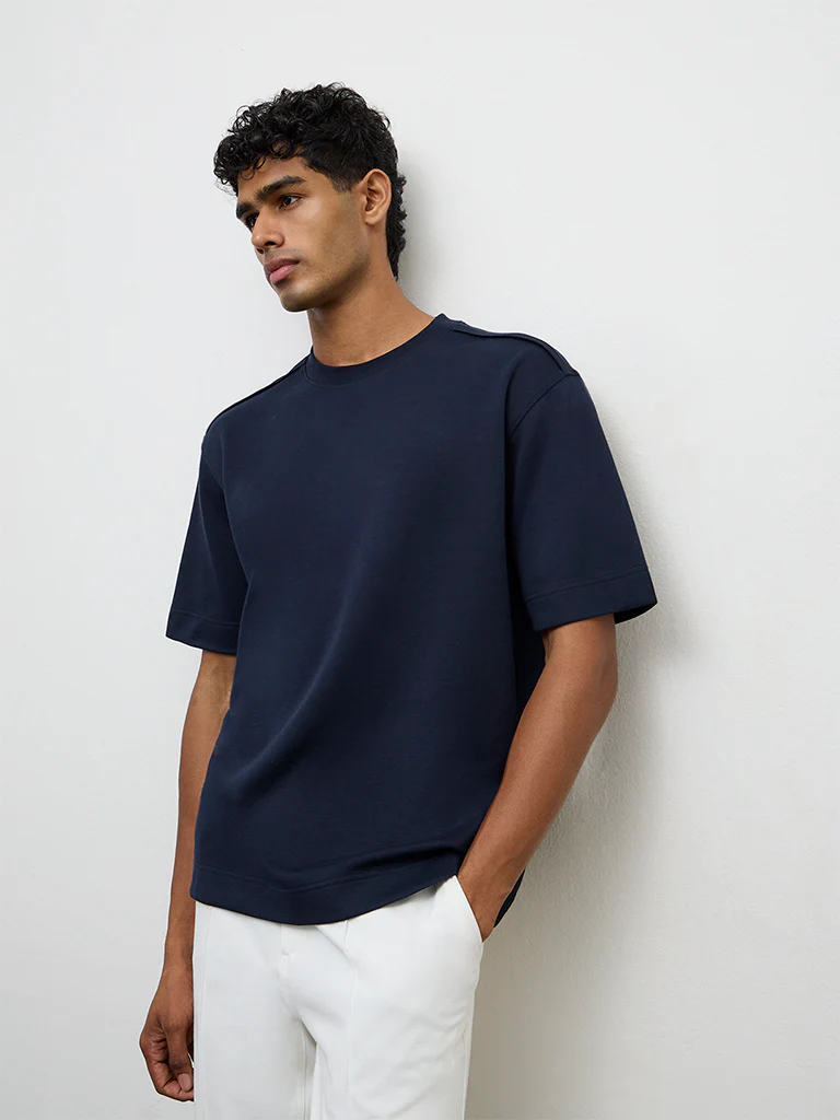 Nuoflexx Navy Solid Relaxed-Fit Cotton-Blend T-Shirt