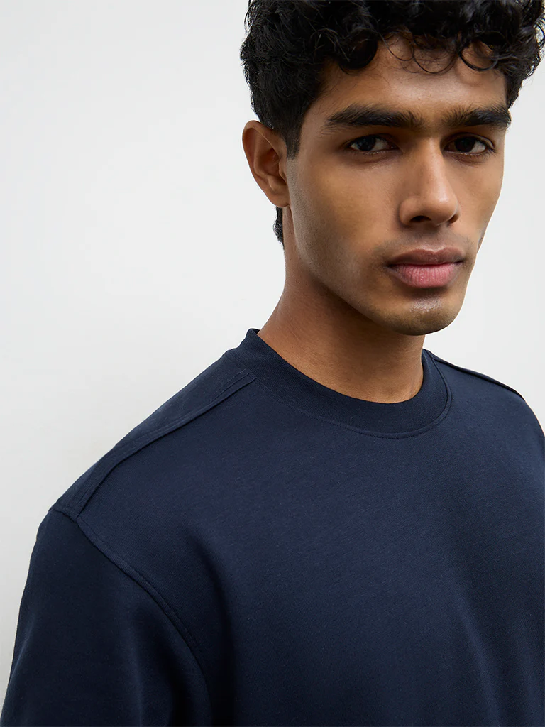 Nuoflexx Navy Solid Relaxed-Fit Cotton-Blend T-Shirt - Image 3