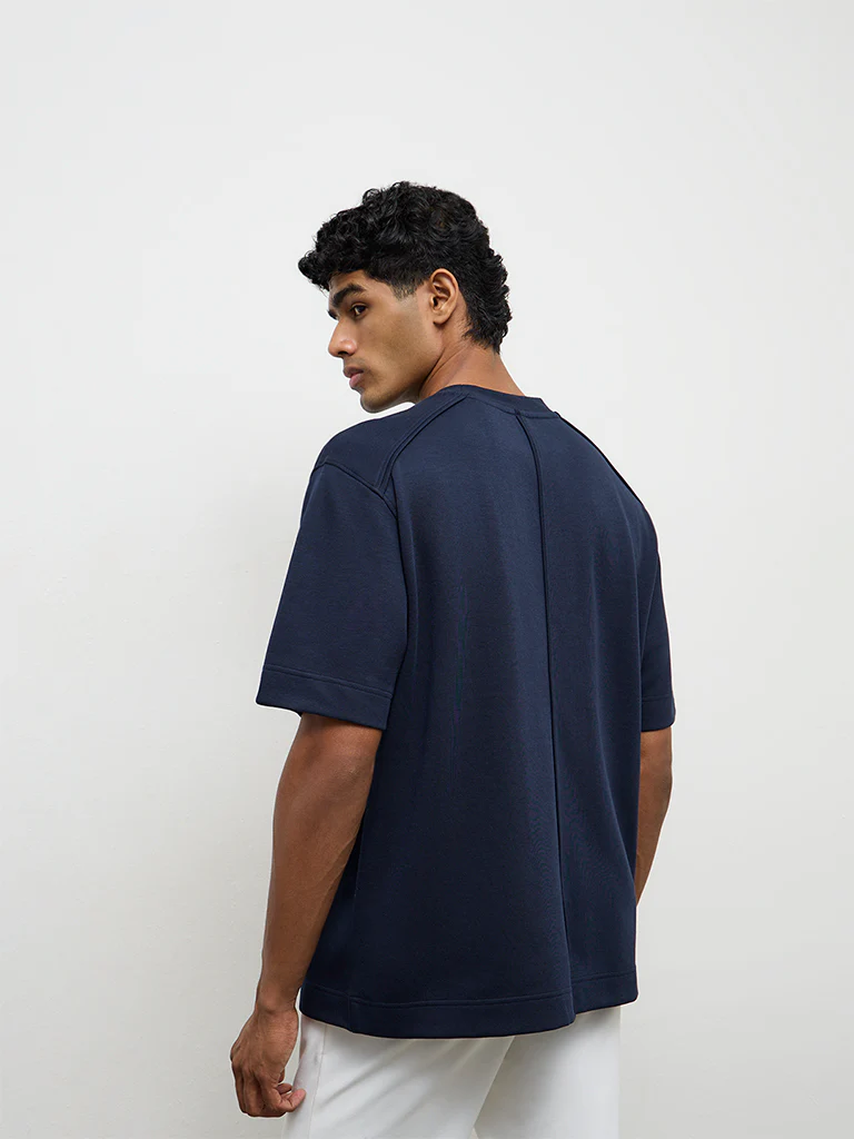 Nuoflexx Navy Solid Relaxed-Fit Cotton-Blend T-Shirt - Image 4