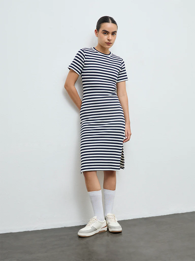 Nuoflexx Navy Striped Cotton-Blend Straight Dress