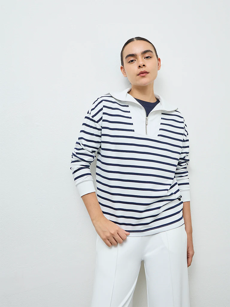 Nuoflexx Navy Striped Cotton Quarter-Zip Sweatshirt