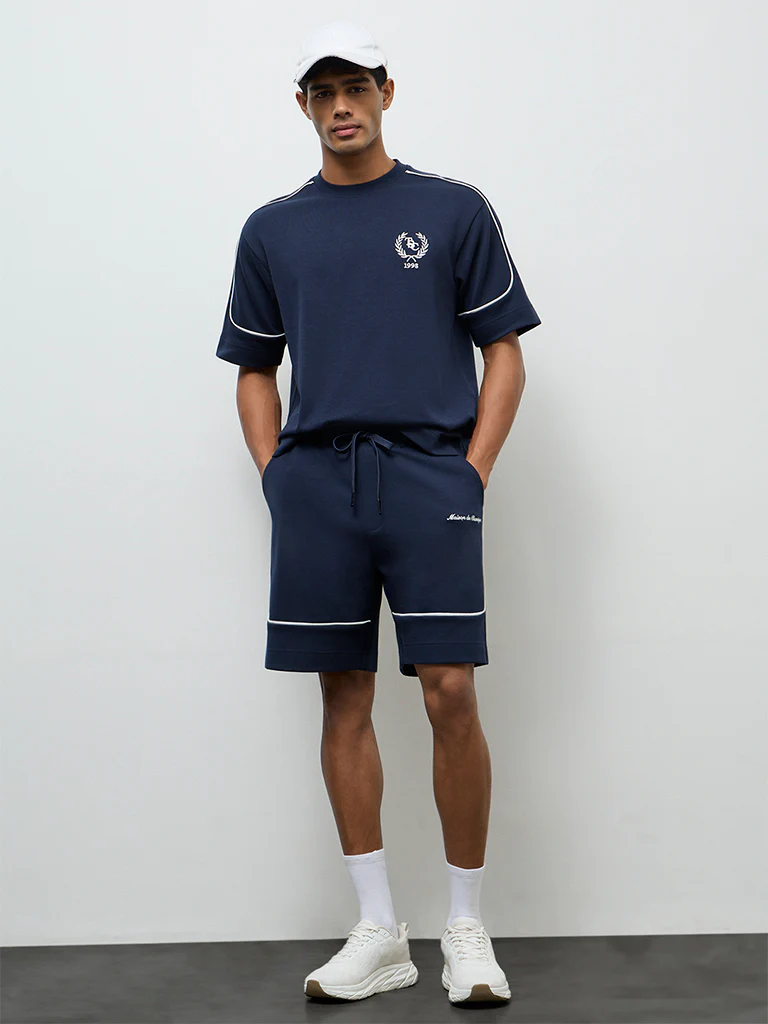 Nuoflexx Navy Text-Detailed Relaxed-Fit Mid-Rise Shorts