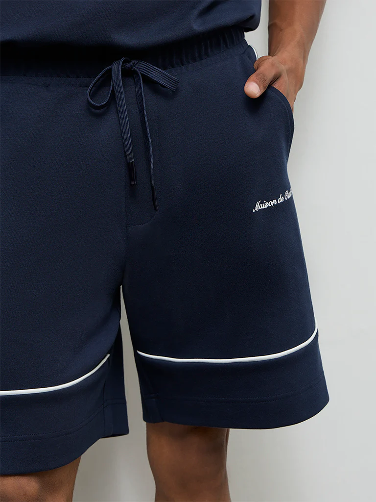 Nuoflexx Navy Text-Detailed Relaxed-Fit Mid-Rise Shorts - Image 3