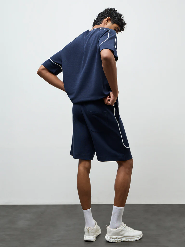 Nuoflexx Navy Text-Detailed Relaxed-Fit Mid-Rise Shorts - Image 4