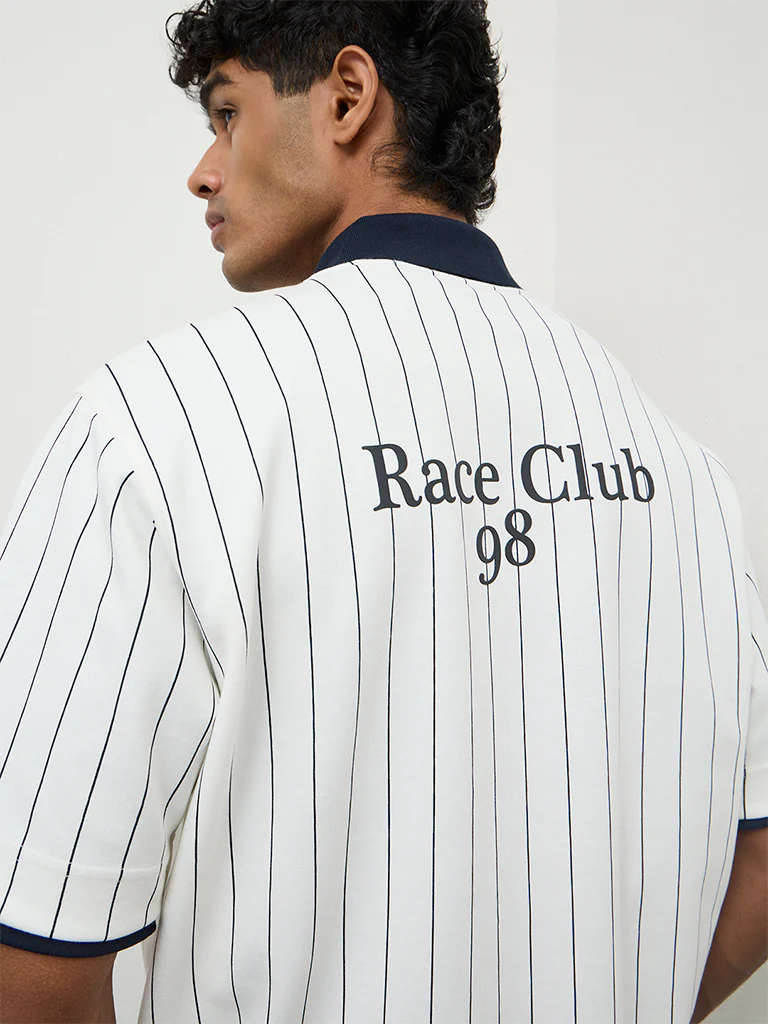 Nuoflexx Off-White Striped Relaxed Fit Polo Cotton-Blend T-Shirt - Image 3