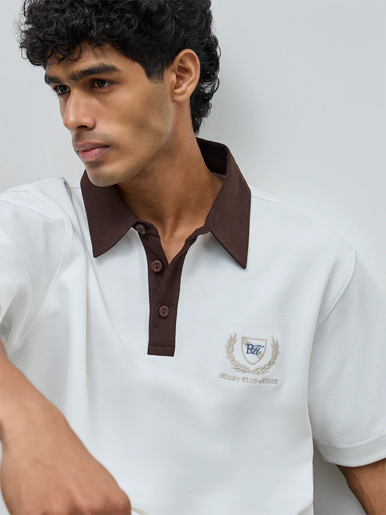 Nuoflexx Off-White Text Detail Relaxed-Fit Cotton-Blend Polo T-Shirt - Image 4